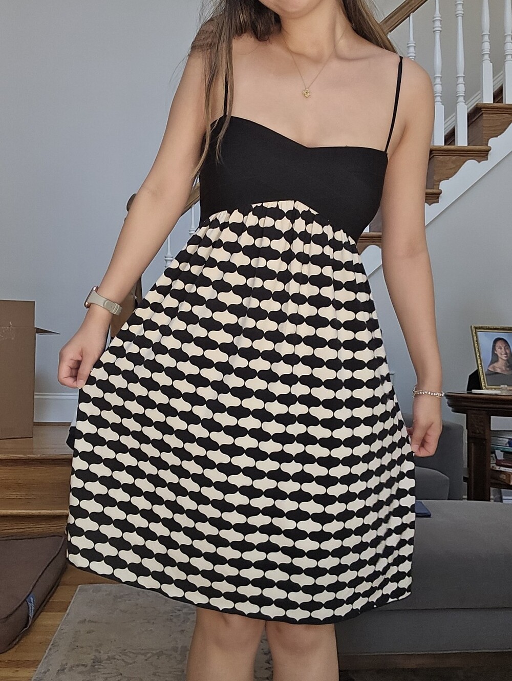 STUDIO M black Cream Geometric Bandage Bodice Dress Size Small